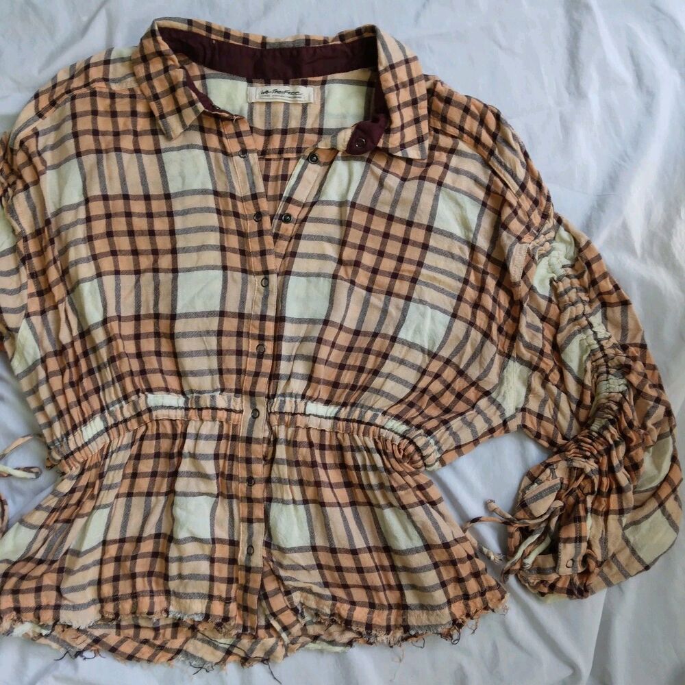 We The Free Pacific Dawn Peach Brown Plaid Button Down Top Boho Women's Shirt L - Picture 4 of 12